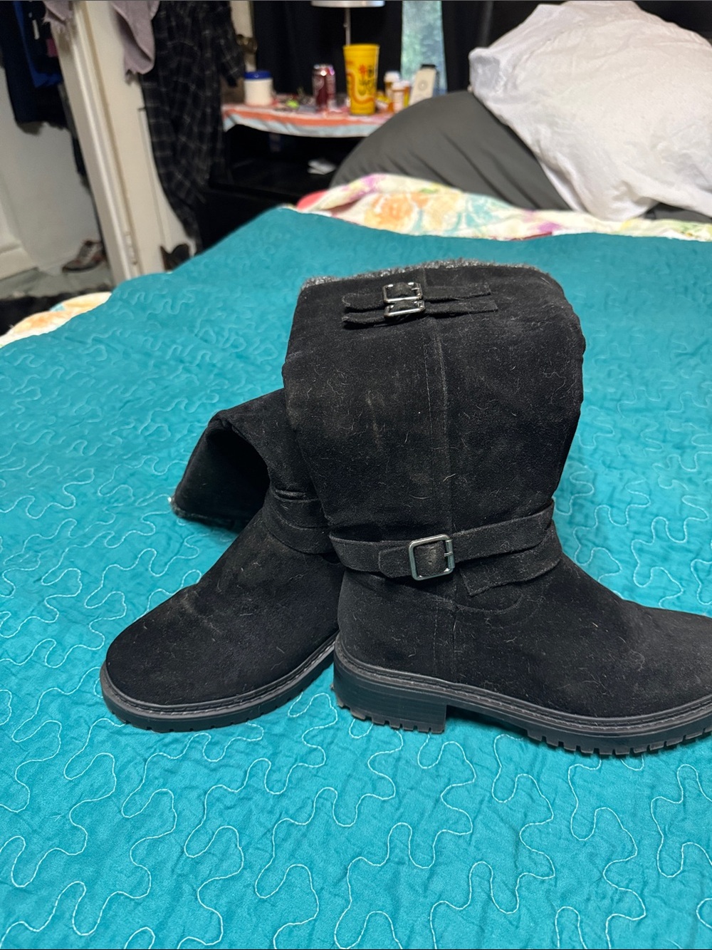 Black Suede full-calf Boots with Buckle Detail